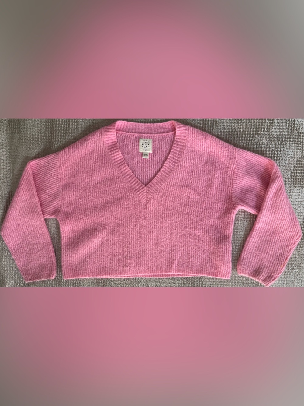 Billabong Nowhere Else Pink Cropped V-Neck Rib Knit Sweater Women’s Large